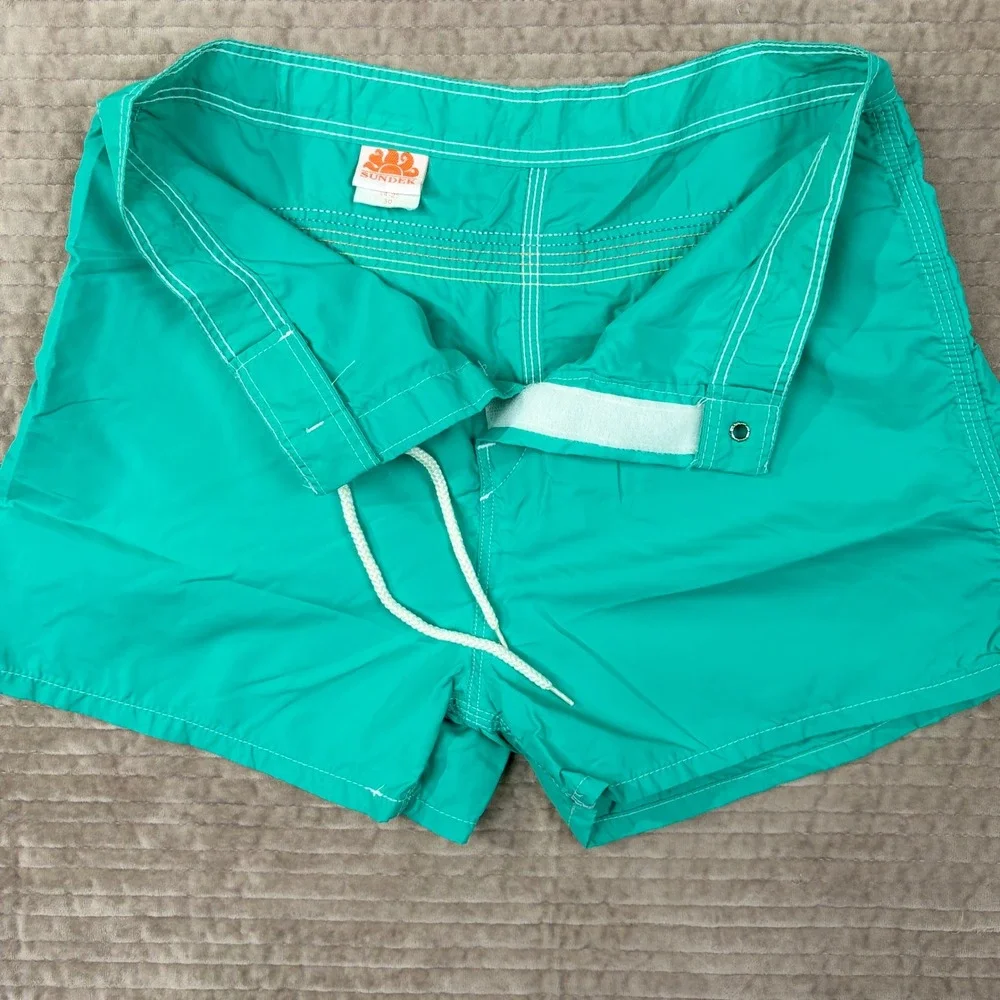 Vintage Sundek Board Shorts Mens 30 Teal Green Rainbow Stripe Nylon Made in USA